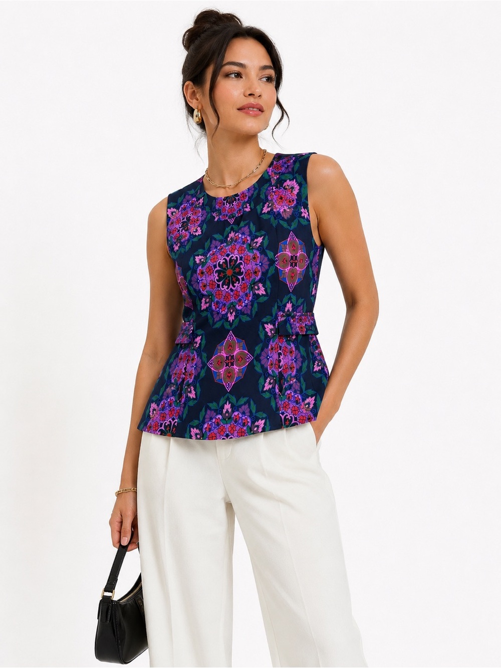 J.Crew Factory Sleeveless Peplum Top Size 00 Retro Floral Medallion Print
